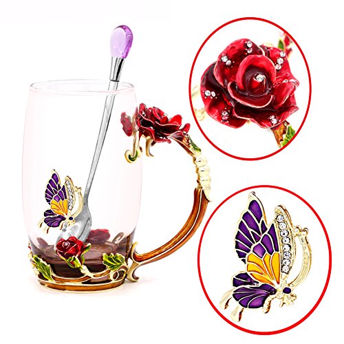 Daycindy 2 Pack Glasses Cup Enamel Tea Coffee Cups with Spoon Set (13oz, Blue & Red)
