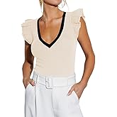 INFITTY Women's V Neck T Shirts Ruffle Sleeve Tops Dressy Sexy Sleeveless Slim Fitted Ribbed Tank Top Summer 2026
