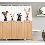 Ambesonne Dog Lover Decor Collection, Row of Hungry Dogs Tongue Sticking Out Behind A Wall of Wood Lunch Time Art, Polyester Fabric Bathroom Shower Curtain, 84 Inches Extra Long, Camel White