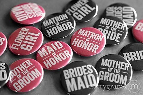 Wedding Party Buttons, Set of 10, Choose Your Titles, Bridesmaid, Maid of Honor, Matron of Honor, Bachelorette Party Pinback Button Hot Pink and Black Options