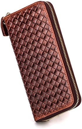 Crazy Horse Real Leather Long Bifold Weave Pattern Zip Around Wallet