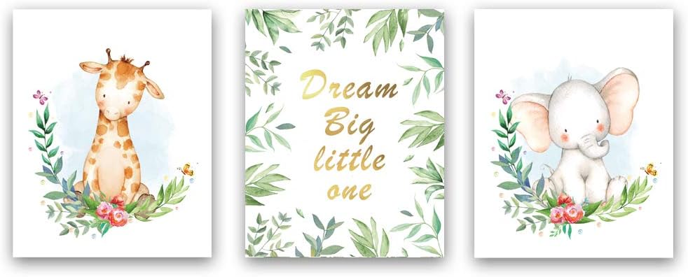 Sanrx Green Leaf Art Print & Dream Big Little One Quote Gold Foil Print, Watercolor Animals Painting Deer Elephant Cardstock Art Poster Wall Decor (Set of ¬3, 8’’ x 10’’,Unframed)