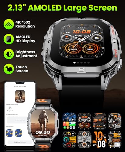 Military Smart Watch for Men, Rugged GPS Watch with LED Flashlight Compass, 2.13" AMOLED Smart Watches(Answer/Dial Calls), 3ATM Waterproof Fitness Tracker with Heart Rate/Sleep for iPhone (Black)