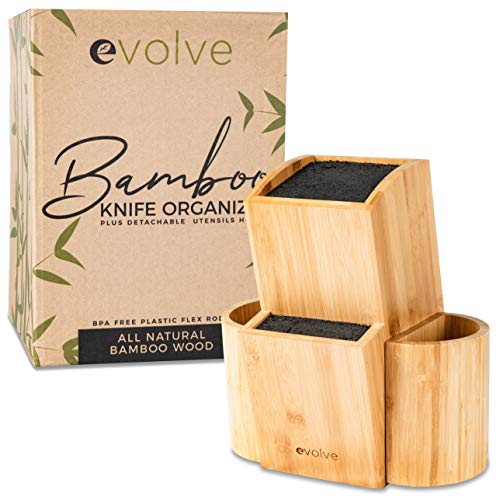 EVOLVE Bamboo Knife Block - Universal Kitchen Knife Holder - Safe & Space Saver Knife Storage that Covers Knife Blades Up To 9” & Holds Up To 20 Knives with Machine Washable & BPA Free Flex Rods