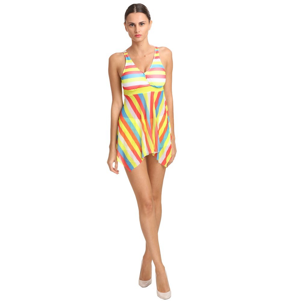 fascinating multi yellow striped two piece bathing suit boy short bottom tankini