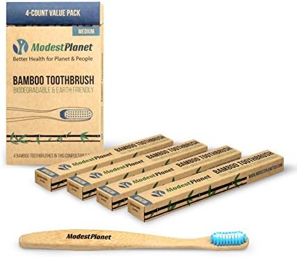 Natural Bamboo Toothbrushes by ModestPlanet™ | 4-Pack | BPA-Free| Medium Bristles| Sustainable Material| Ergonomic &amp; Easy Grip Design| Natural Alternative to Plastic