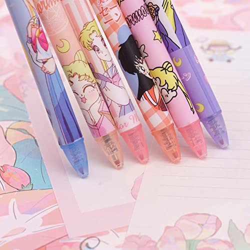 6 Pcs Kawaii Pens Anime Moon Pen Merchandise Black Ink 0.5mm Ballpoint Pens Office School Supplies for Girls Women Press Gel Pen