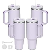 Temolulu 4 Pack 40 Oz Tumbler with Handle Bulk, Double Wall Vacuum Insulated Stainless Steel Tumbler with Lid and Straw, 40 oz cup with Silicone Spill Proof Stopper Set (Purple)