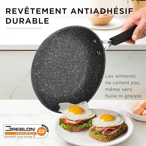 Batterie de casseroles New Petra Dark, casseroles et poêles pour induction et four jusqu'à 180°C, antiadhésives avec manique et cuillère en acier (7 pièces)