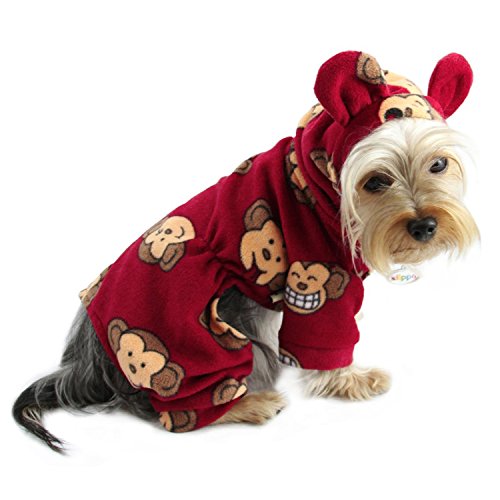 Adorable Silly Monkey Fleece Dog Pajamas / Bodysuit with Hood Size: Medium, Color: Burgundy
