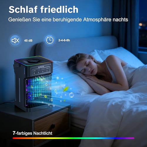 Mobile Air Conditioning, 4-in-1 Mobile Air Conditioning, Fan with Water Cooling, 1100 ml Water Tank, Air Conditioner with 3 Wind Speeds, 7 Colours, Light, 3 Spray Functions, 2-8H Timer for Bedroom