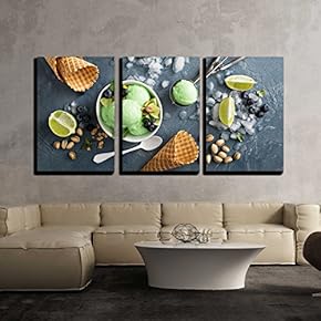3 Piece Canvas Wall Art - Green Refreshing Lime Pistachio Ice Cream in White Bowl Overhead Shot - Modern Home Art Stretched and Framed Ready to Hang - 16"x24"x3 Panels