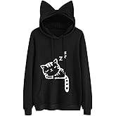 Lziizl Women Girl Hoodies Cute Cat Ear Novelty Printed Pullover Sweatshirt