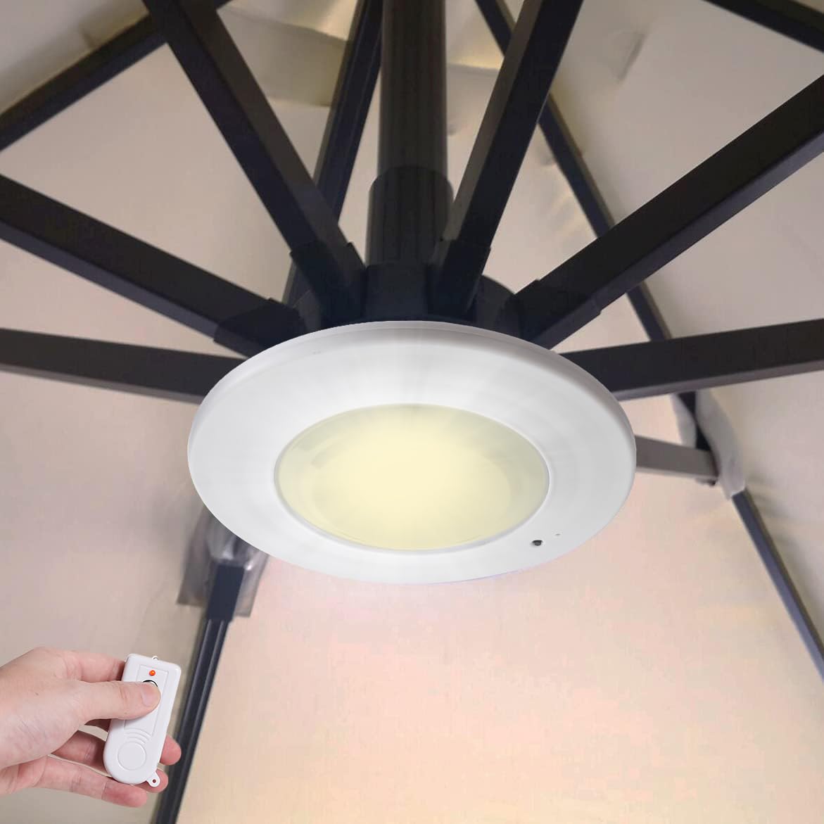 Photo 1 of Happetite Umbrella Lights with Remote, Rechargeable Battery Operated Patio Cantilever Umbrella Lights Warm White with 3 Brightness Modes, for Offset Patio Umbrella in Outdoor & Garden (White)