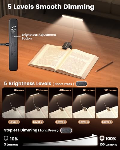 Glocusent Leselampe Buch Klemme 26 LEDs, Buchlampe mit 5 Farbtemperatur & Stufenlose Helligkeit, USB-C Wiederaufladbare Klemmlampe, Lange Laufzeit, 360° Flexibel Klemmleuchte für Nachtlesen ins Bett