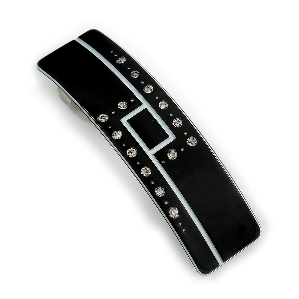 Black/White Acrylic Crystal Barrette Hair Clip Grip In Silver Tone Metal - 80mm Long