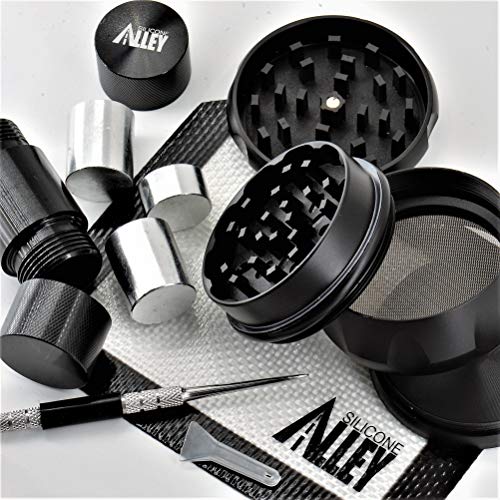 SILICONE ALLEY Herb & Spice Processing [PREP KIT] - Grinder (1) Nonstick Mat (1) Pick Tool (1) + Pollen Press [Aluminum] (1)