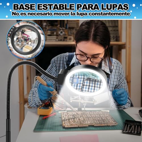 URPOWㅤ Lupa con Luz Led 30X 10X, LLámpara con Lupa 2 en 1, 3 Modos de Color, Oscurecimiento de 10 Niveles, para el Hogar, Oficina, Lectura, Costura, Bordado (Negro)