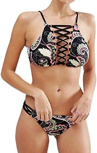 Women's Sexy Criss Cross High Waist Bandage 2PCS Bikini Set Vintage Printing Swimsuit