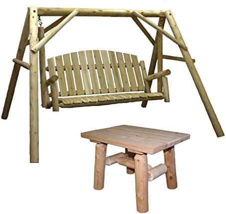Lakeland Mills Country Cedar Outdoor Porch Swing and Stand Set with End Table