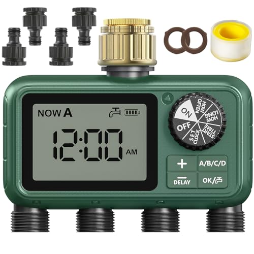 4 Way Water Timer with Brass Inlet, Large LCD Display, Automatic Watering for Garden, Programmable Irrigation, Simple Use, Rain Delay Manual Watering for Lawn