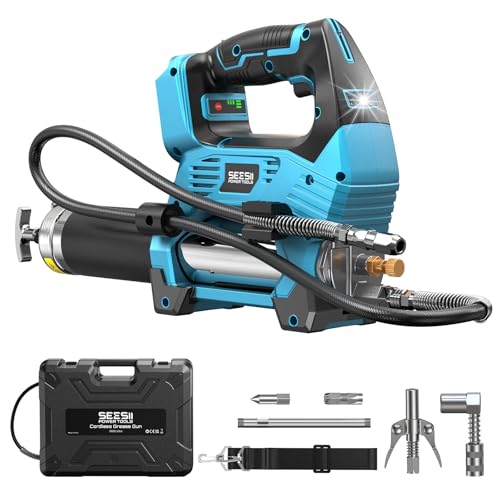 Seesii 12000PSI Battery Grease Gun Set Compatible with Makita 18 V Battery (without Battery), 3 Speeds, Brushless Motor, 3 Mouthpieces, 1 m Long Hose, 90 Degree Adapter and LED Light