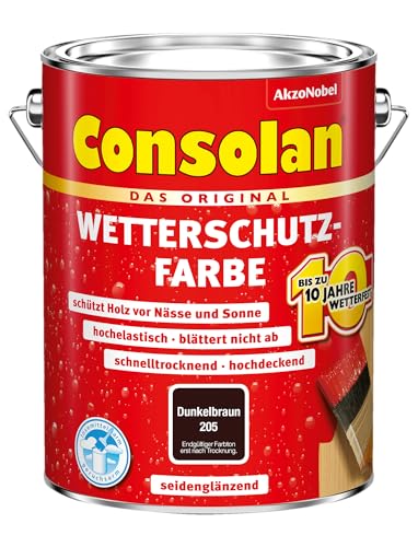 Consolan Wetterschutzfarbe, Deckender Holzschutz für Außen, Dunkelbraun, 5L