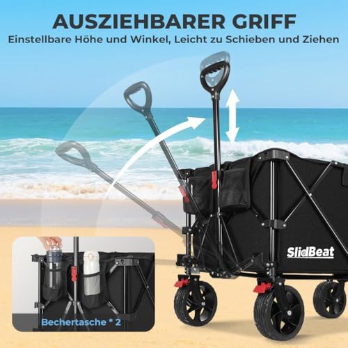 XXL Bollerwagen Faltbar 220L 200KG, Faltbarer Bollerwagen mit Bremsen, Getränkehalter Verstellbarem Griff Klappbollerwagen mit All Terrain Rädern Für Camping Outdoor Garten Shopping