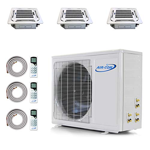 Multi Zone Mini Split Ductless Air Conditioner Ceiling Cassette - Tri 3 Zone 12000 + 12000 + 12000- Pre-Charged Inverter Compressor - Includes Three Free 25' Linesets - Premium Quality - US Parts