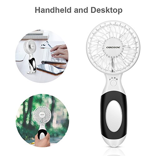 OBOSOE Handheld Fan, Portable Personal Small Desk Fan with 3600mAh USB Rechargeable Battery, Cooling for Office, Bedroom, Traveling, Camping, Outdoor Sports, White