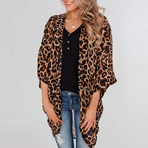 Fainosmny Womens Cardigans Fashion Leopard Tops Sexy Beach Cover Ups Short Sleeve Smocks Casual Long Cardigan Kimono Brown - Thumbnail 7