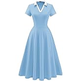 Dressystar Women V Neck 1950s Vintage Short Sleeves Dress Retro A Line Swing Rockabilly Cocktail Party Dresses with Pockets Blue L