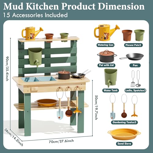 Lehoo Castle Wooden Outdoor Mud Kitchen for Children, Play Kitchen with Real Sink Kitchen Accessories, Garden Toy for Cooking, Casting, Sensory Play, Montessori Learning Toy from 3 Years