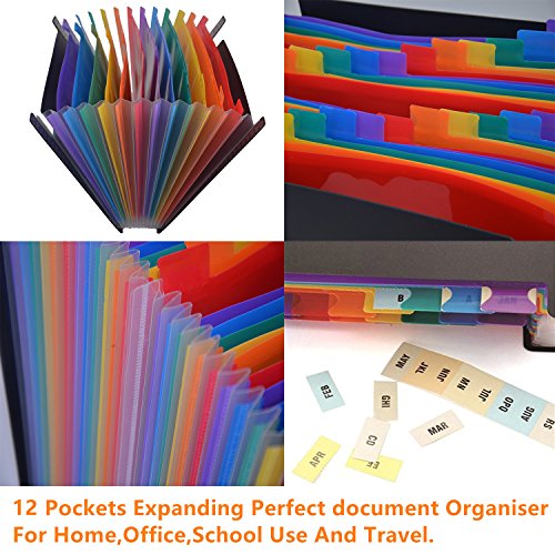 12 Pockets Expanding File Folder with Labels,A4 Size Colorful file organizer Portable Desktop Business Paper Document Holder Wallet for Home Office School Hospita (12 pocket)