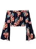 Futurino Women's Off Shoulder Floral Print Long Bell Sleeve Crop Top Blouses