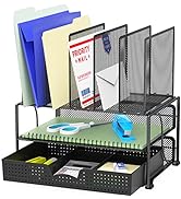 SimpleHouseware Mesh Desk Organizer with Sliding Drawer, Double Tray and 5 Upright Sections, Black