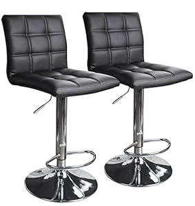 Two stools with black seats and metal frames