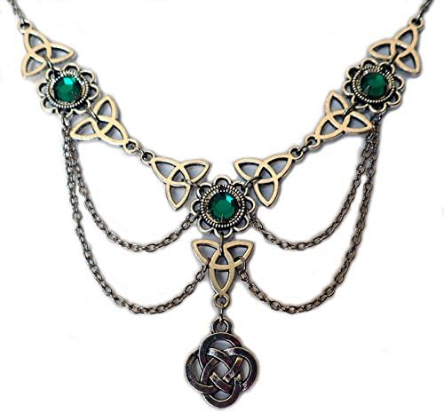 Celtic Triquetra Trinity Knot Silver Draping Chain Necklace Emerald Green
