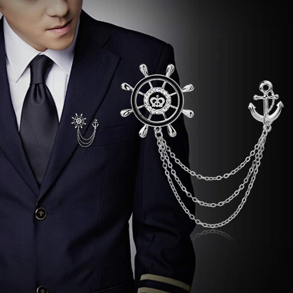 Huture 3-Pack Men's Elegant Wing Tassel Chain Rudder Shield Brooch Lapel Pin Badge Rhinestone Vintage Corsage for Tie Hat Scarf Suit Tuxedo Silver - Image 3