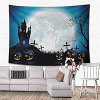 NineHuiTechnology Halloween Tapestry Wall Hanging, Spooky Concept with Scary Icons Old Celtic Harvest Figures in Dark Image Holiday Print Tapestry Wall Decor Dorm Decor, 60"x40", Blue