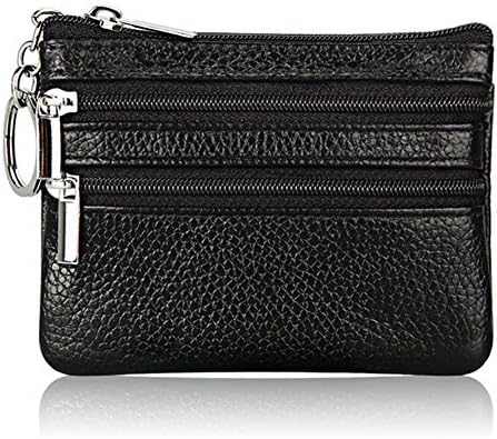 Women Men Leather Coin Purse Card Wallet Clutch Double Zipper Small Change Bag (Black)