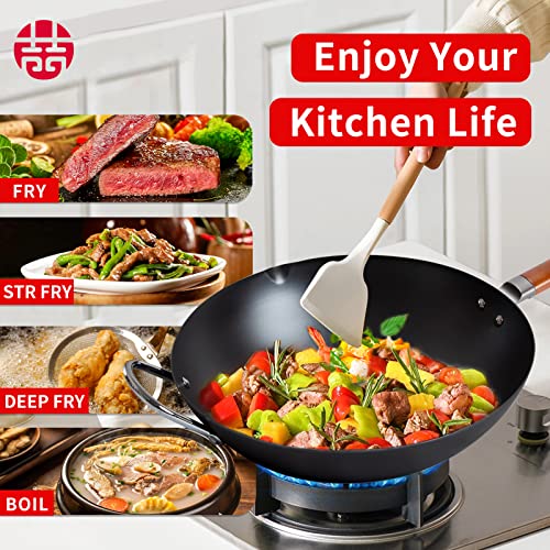 WANGYUANJI Carbon Steel Wok,14.2" Wok Pan with Lid, Woks & StirFry