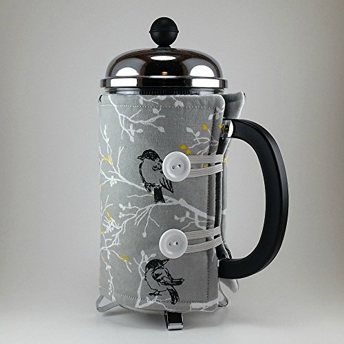 French Press Cozy Cover, 8 cup, Grey Bird Decor - Thumbnail 2
