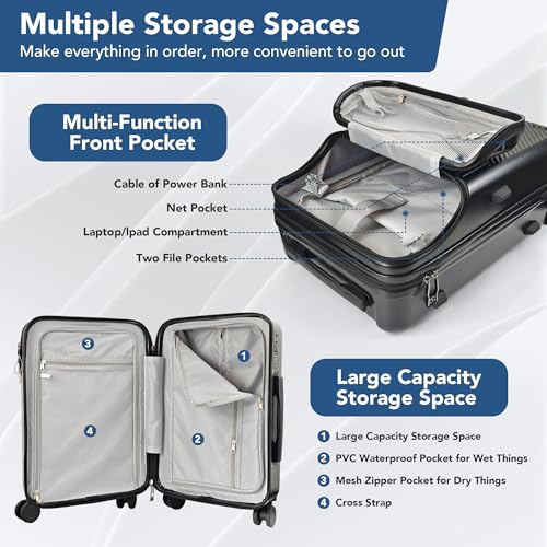 Carry On Luggage, 20 Inch Hardside Luggage, Carry On Suitcase with Front Open Laptop Compartment and Pocket, with Combination Lock, 4 Spinner Wheels, Cup Holder, USB Port, Hook (a-White)