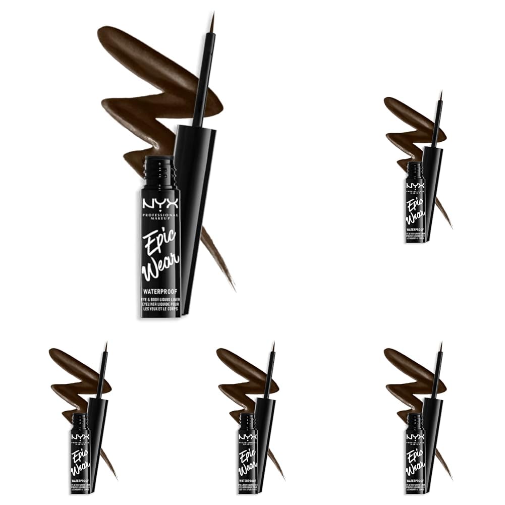 NYX Professional Makeup Epic Wear Semi-Permanent Liquid Liner, Longwearing, Waterproof, Eye Liner and Body Art, Matte Finish, Colour: Brown (Pack of 5)