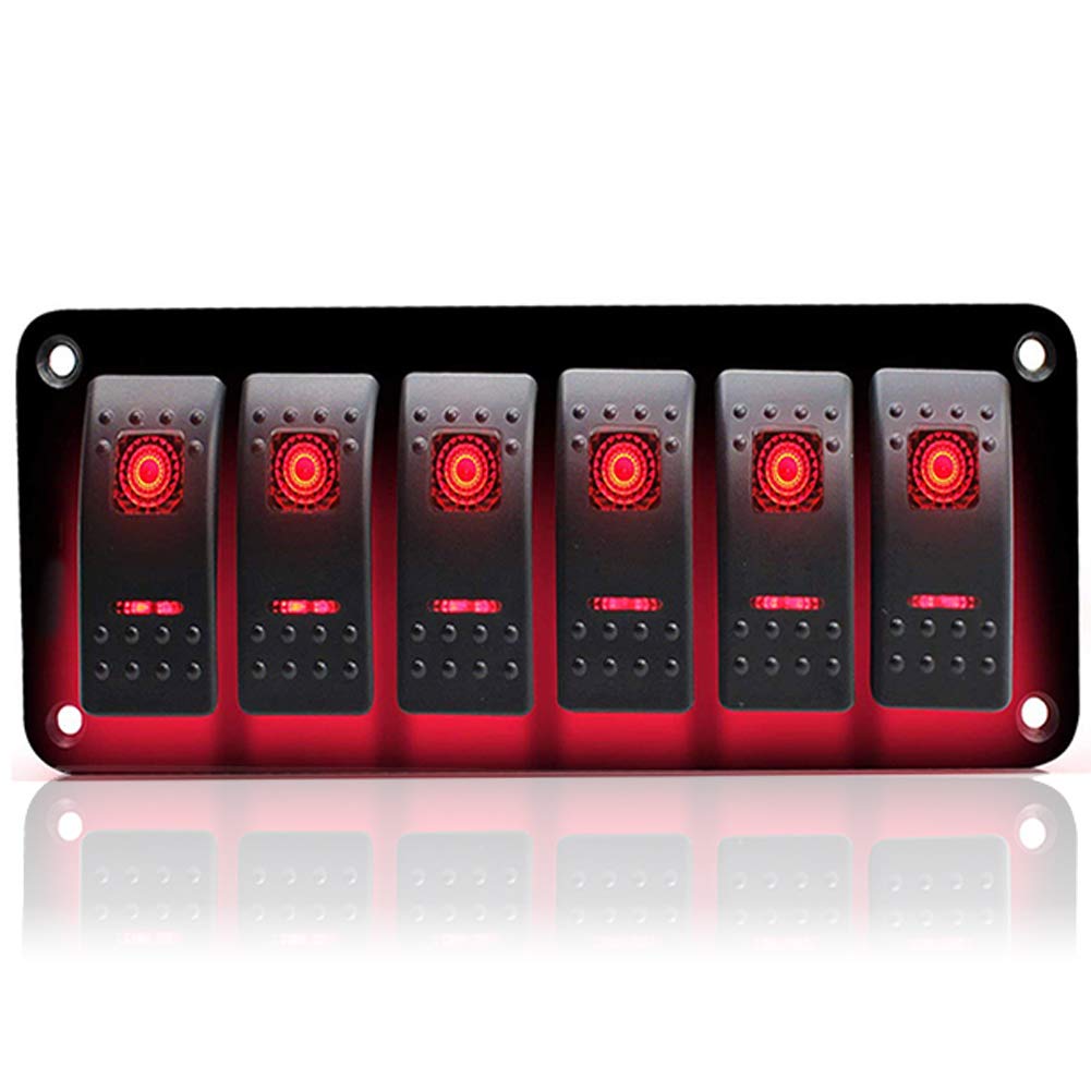 KAOLALI 6 Gang Toggle Switch ON-OFF IP65 Waterproof 12V 24V LED Rocker Switch Panel for Boat RV Car Vehicles Truck Trailer Yacht(Red)