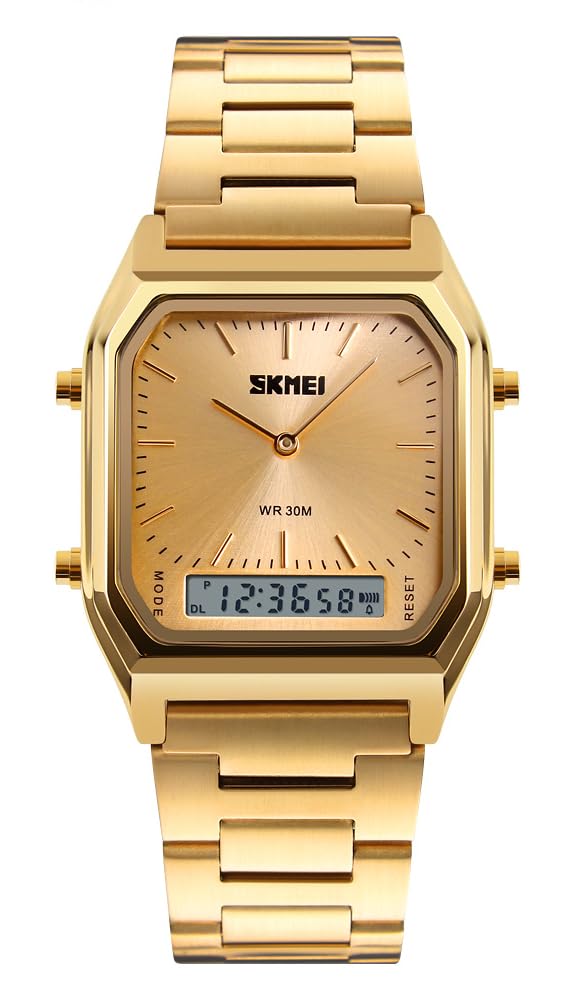 Gosasa Vintage Digital Sports Watch Dual Display Men's Women Water Resistant Outdoor Stainless Steel Band Electronic Square LED Back Light Multifunction Classic Wristwatch, golden, Digital