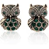 Rofeego Owl Antique Stud Earrings/Gifts for Owl Enthusiast/Pave Green Crystal