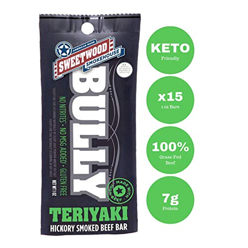 Sweetwood Smokehouse Smoked Beef Stick | Bully Bar | Teriyaki Flavor | 15 Pack of 1 oz Bags | USA Grass Fed Beef | Keto Friendly, Smoked, Gluten Free, High Protein Snack | No Nitrates, No Added MSG