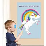 AerWo Large Pin The Horn on the Unicorn Party Game, Rainbow Unicorn Party Games with 24 Sticker Horns and Eye Mask for Kids Birthday Party Decorations, Unicorn Party Supplies